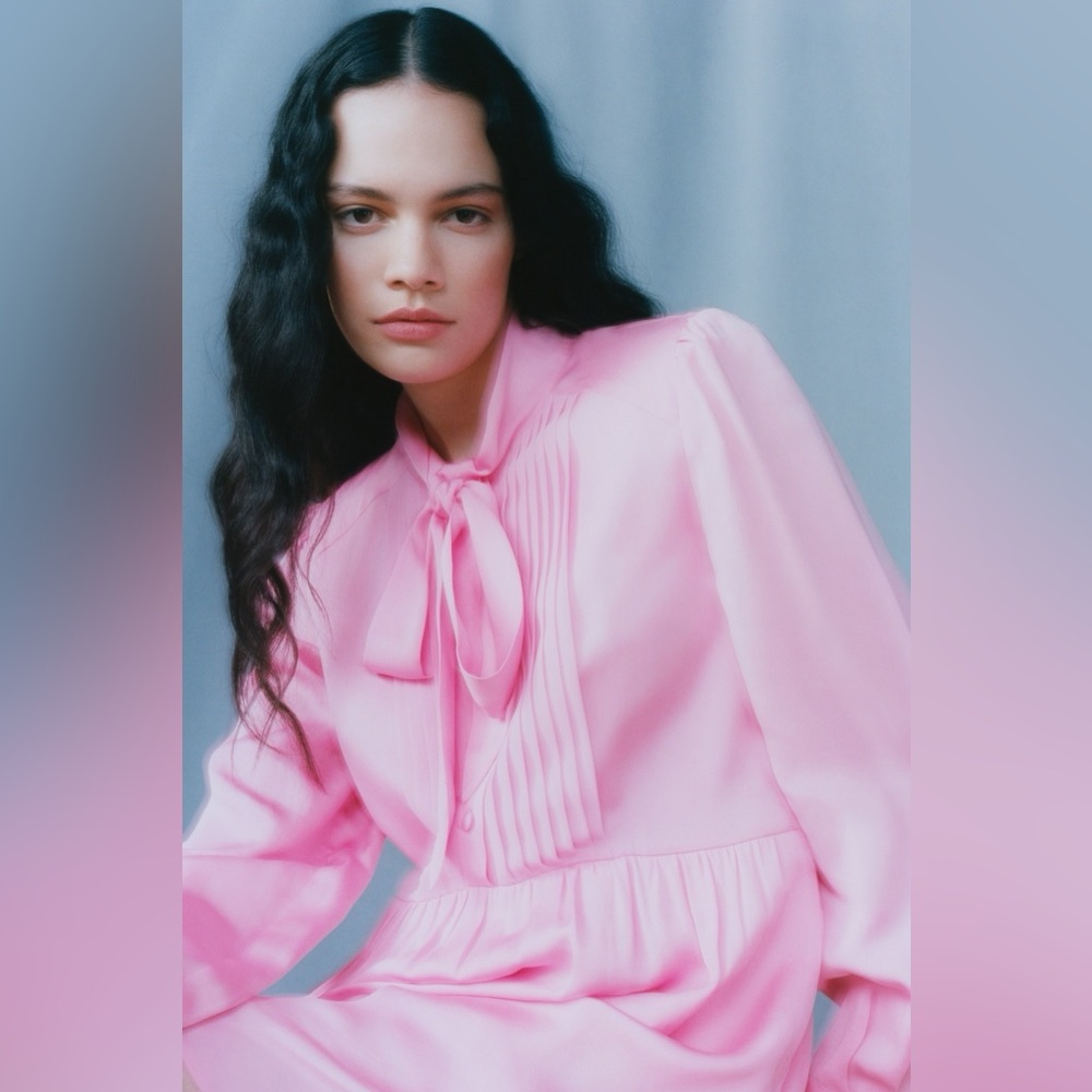 Self-Portrait Satin Viscose Puff-Sleeve Bow-Neck Mini Dress Bubblegum Pink Sz 8 - Picture 6 of 16